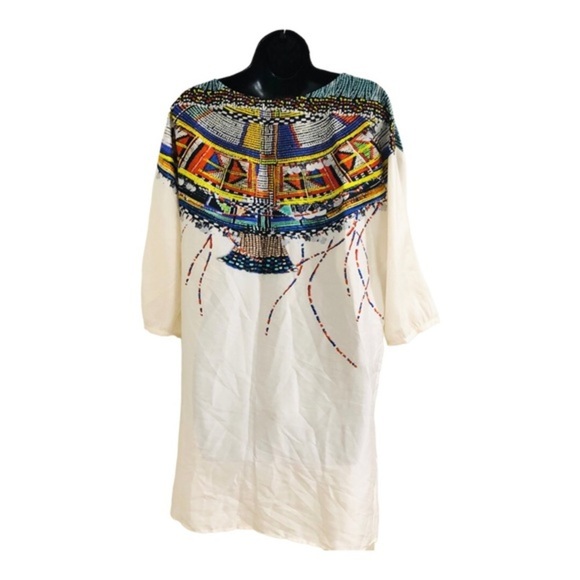 Zara ivory multicolor masai pattern look mid sleeve tunic style shirt dress sz M - Picture 6 of 17